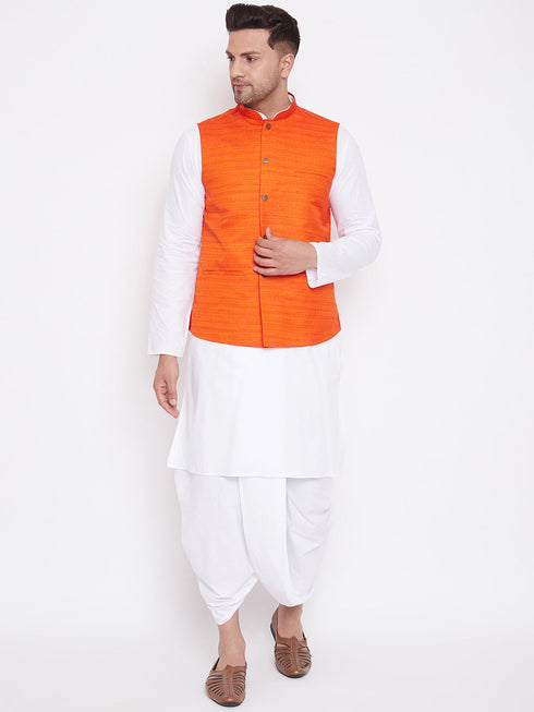 Vastramay Men's Orange And White Cotton Blend Jacket, Kurta and Dhoti Set